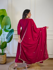 SalwarLove Women's Red Vichitra Silk Embroidered Flared Kurta with Rayon Pant And Chinon Embroidered Dupatta Sets-Red