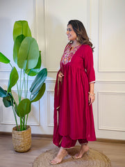 SalwarLove Women's Red Vichitra Silk Embroidered Flared Kurta with Rayon Pant And Chinon Embroidered Dupatta Sets-Red