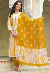 SalwarLove Fully Stitched Printed Cotton Kurta, Pant & Dupatta Set | Color: yellow & White