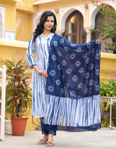 SalwarLove Fully Stitched Printed Cotton Kurta, Pant & Dupatta Set | Color: Indigo Blue & White