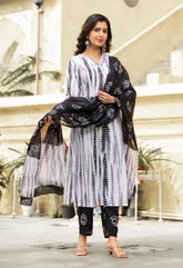 SalwarLove Fully Stitched Printed Cotton Kurta, Pant & Dupatta Set | Color: Black & White