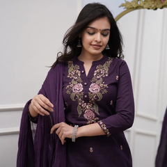 SalwarLove Graceful Purple Embroidered Kurti with Pant & Dupatta.