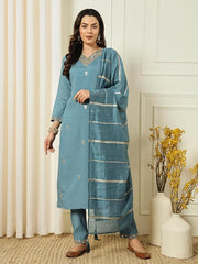 SalwarLove Sky Blue Embroidered Chanderi Suit Set for Women.