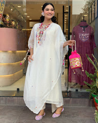 SalwarLove Elegant White Affair – Silk Kurta Set with Sheer Dupatta.