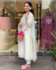 SalwarLove Elegant White Affair – Silk Kurta Set with Sheer Dupatta.