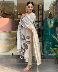 Salwar Love Minimalist Chic: Cream Cotton Kurta Set with Intricate Black Floral Embroidery and Coordinated Dupatta Off White.