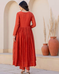 SalwarLove Designer Rust Orange Suit Set for Women โ Viscose Silk Anarkali Kurta with Silk Dupatta and Churidar Bottom