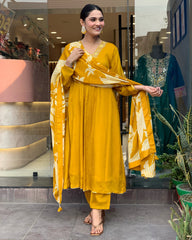 salwarLove Women's Festive Wear Mustard Suit Set in Chinon Silk with Chanderi Bottom.