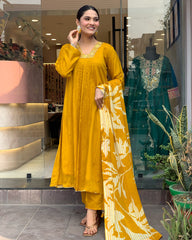 salwarLove Women's Festive Wear Mustard Suit Set in Chinon Silk with Chanderi Bottom.