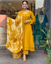 salwarLove Women's Festive Wear Mustard Suit Set in Chinon Silk with Chanderi Bottom.