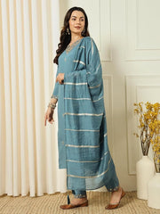 SalwarLove Sky Blue Embroidered Chanderi Suit Set for Women.