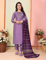 SalwarLove Elegant Lavender Kurta Set with Embroidered Neck and Contrast Dupatta-Purple