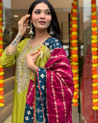 SawarLove Charming Green Kurta Set with Multicolor Bandhani Dupatta.