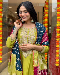 SawarLove Charming Green Kurta Set with Multicolor Bandhani Dupatta.