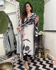 SalwarLove Designer Grey and Black Rayon Kurta Set with Luxurious Tebby Silk Printed Dupatta | Soft & Breathable Fabric .