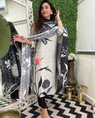 SalwarLove Designer Grey and Black Rayon Kurta Set with Luxurious Tebby Silk Printed Dupatta | Soft & Breathable Fabric .