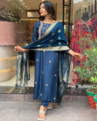 SalwarLove Women's Petrol Blue Embroidered Viscose Rayon Kurta Set with Jacquard Dupatta.