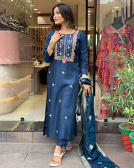 SalwarLove Women's Petrol Blue Embroidered Viscose Rayon Kurta Set with Jacquard Dupatta.