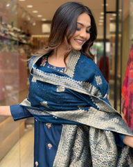 SalwarLove Women's Petrol Blue Embroidered Viscose Rayon Kurta Set with Jacquard Dupatta.