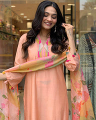 SalwarLove Breezy Peach Slub Suit with Multicolor Print Dupatta – Stitched & Ready to Wear.