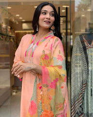 SalwarLove Breezy Peach Slub Suit with Multicolor Print Dupatta – Stitched & Ready to Wear.