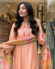 SalwarLove Breezy Peach Slub Suit with Multicolor Print Dupatta – Stitched & Ready to Wear.
