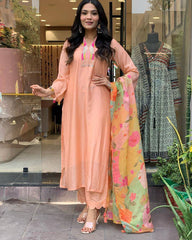 SalwarLove Breezy Peach Slub Suit with Multicolor Print Dupatta – Stitched & Ready to Wear.