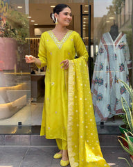 SalwarLove Traditional Yellow Chanderi Suit with Contemporary Solid Look and Jacquard Touch.