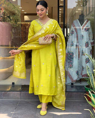 SalwarLove Traditional Yellow Chanderi Suit with Contemporary Solid Look and Jacquard Touch.