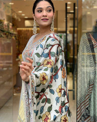 SalwarLove Elegant Off-White Embroidered Kurti Set with Printed Dupatta.