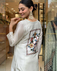 SalwarLove Elegant Off-White Embroidered Kurti Set with Printed Dupatta.