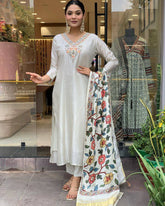 SalwarLove Elegant Off-White Embroidered Kurti Set with Printed Dupatta.