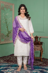 SalwarLove Traditional Roman Silk Kurta Pant Set with Embroidered Neckline and Bandhani Printed Embellished Dupatta Purple White.