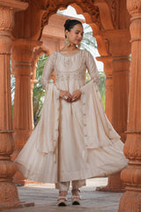 SalvarLove Embroidered Anarkali Suit in Vichitra Silk with Dupatta β Cream Color.