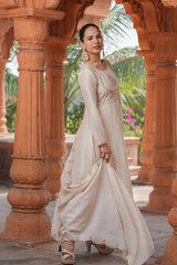SalvarLove Embroidered Anarkali Suit in Vichitra Silk with Dupatta β Cream Color.