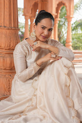 SalvarLove Embroidered Anarkali Suit in Vichitra Silk with Dupatta β Cream Color.