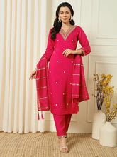 SalwarLove Traditional Touch: Red Embroidered Chanderi Kurti Set.