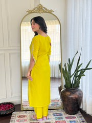 Salwar love Festive Brilliance: Vibrant Yellow Kurta Set with Mirror Work & Rich Purple Sheer Dupatta .
