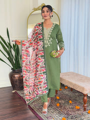 SalwarLove Green Elegance โ Embroidered Chanderi Kurta Set with Printed Dupatta.