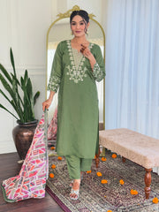 SalwarLove Green Elegance โ Embroidered Chanderi Kurta Set with Printed Dupatta.