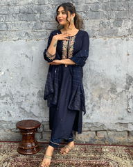 SalwarLove Navy Blue Embroidered Viscose Chanderi Salwar Suit Set with Jacquard Dupatta | Stitched Kurti & Bottom