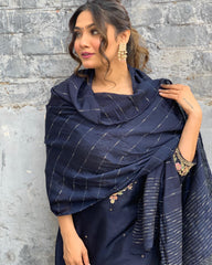 SalwarLove Navy Blue Embroidered Viscose Chanderi Salwar Suit Set with Jacquard Dupatta | Stitched Kurti & Bottom