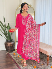 Salwar Love Step into Celebration with This Radiant Pink Suit Featuring Intricate Yoke Embroidery and a Statement Printed Dupatta.