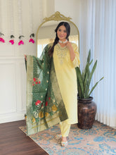 SalwarLove Women’s Yellow Embroidered Straight Kurta Set with Designer Green Dupatta .
