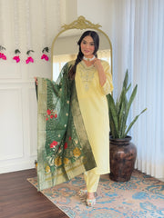 SalwarLove Women’s Yellow Embroidered Straight Kurta Set with Designer Green Dupatta .