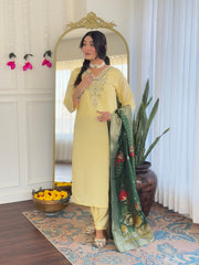 SalwarLove Women’s Yellow Embroidered Straight Kurta Set with Designer Green Dupatta .