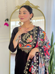 SalwarLove Elegant Floral Printed Georgette Suit with Embroidered Neck and Plain Roman Silk Bottom.