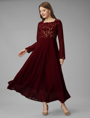 SalwarLove Maroon Embroidered Georgette Gown Elegant Flow | Fully Stitched | Embroidered Yoke | Party-Perfect-Maroon
