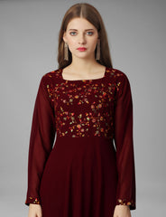 SalwarLove Maroon Embroidered Georgette Gown Elegant Flow | Fully Stitched | Embroidered Yoke | Party-Perfect-Maroon