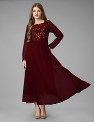 SalwarLove Maroon Embroidered Georgette Gown Elegant Flow | Fully Stitched | Embroidered Yoke | Party-Perfect-Maroon